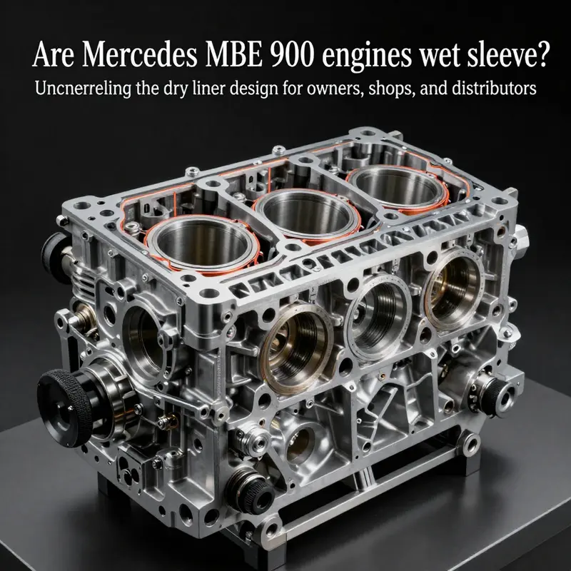 Technical cutaway showing the dry liner arrangement in the MBE 900 engine block with sealed cylinder bore.