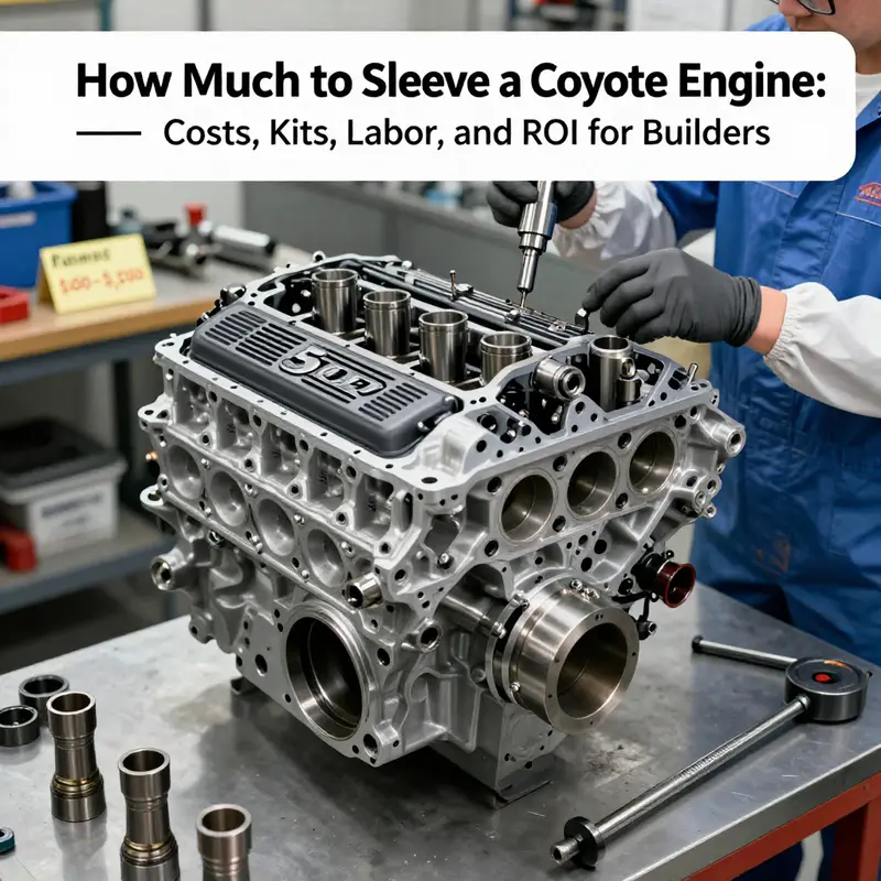 Technical overview image showing sleeve installation in a 5.0L Coyote engine and the cost components.