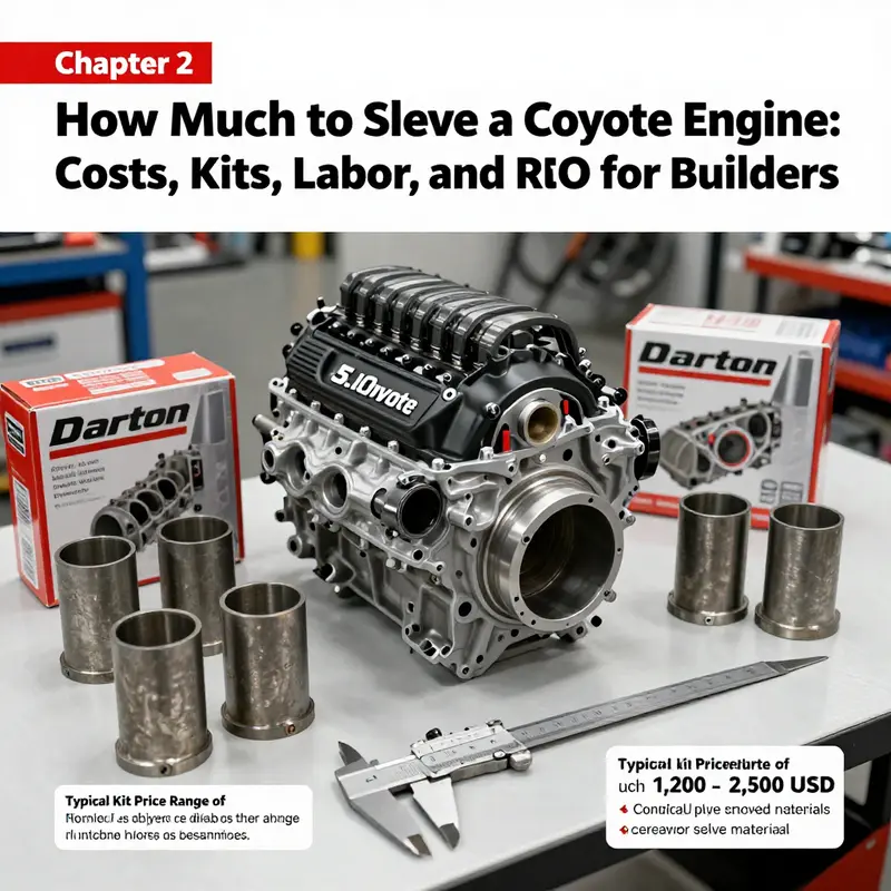 Technical overview image showing sleeve installation in a 5.0L Coyote engine and the cost components.
