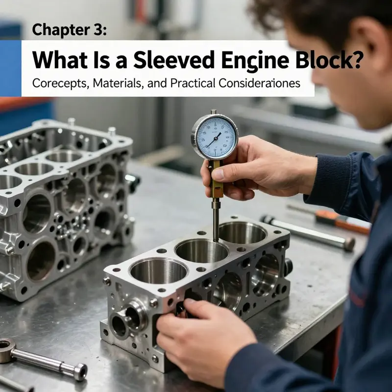 Cross-sectional view illustrating a sleeved engine block’s replaceable cylinder sleeves and wear surface.