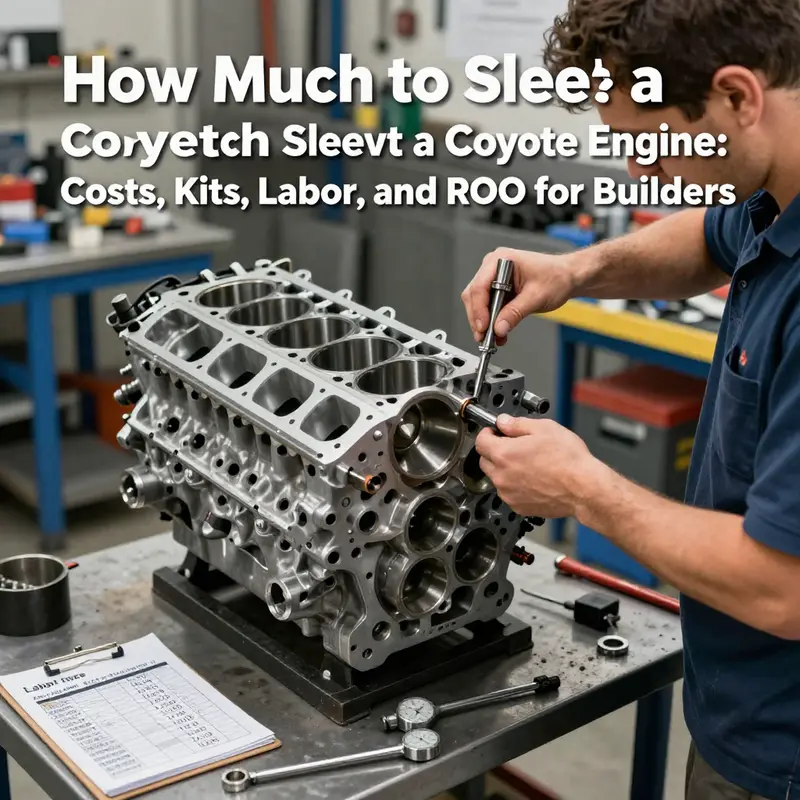 Technical overview image showing sleeve installation in a 5.0L Coyote engine and the cost components.