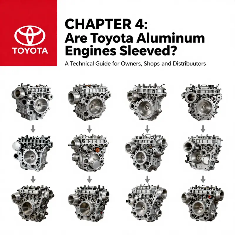 Overview of industry practice and material choices for Toyota aluminum engines, emphasizing the absence of iron sleeves and the use of bore coatings.