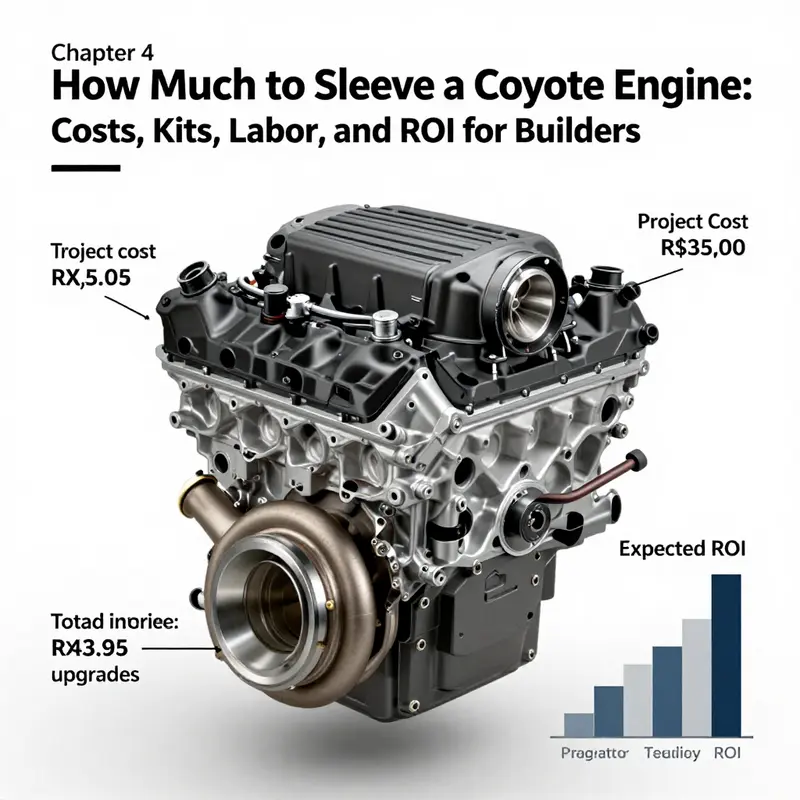 Technical overview image showing sleeve installation in a 5.0L Coyote engine and the cost components.