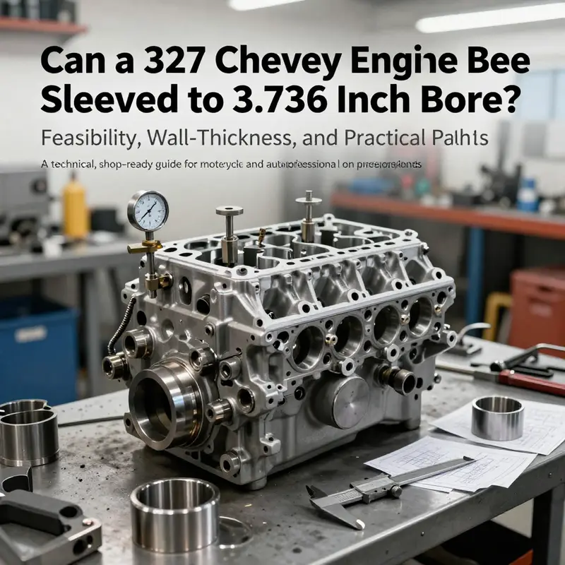 Photo-realistic cover image of a 327 Chevy engine block with bore gauges and sleeves in a machine shop setting.