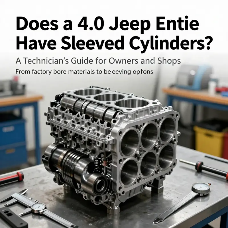 A photo-realistic image of a 4.0L Jeep engine being sleeved in a workshop with precision measuring tools nearby.