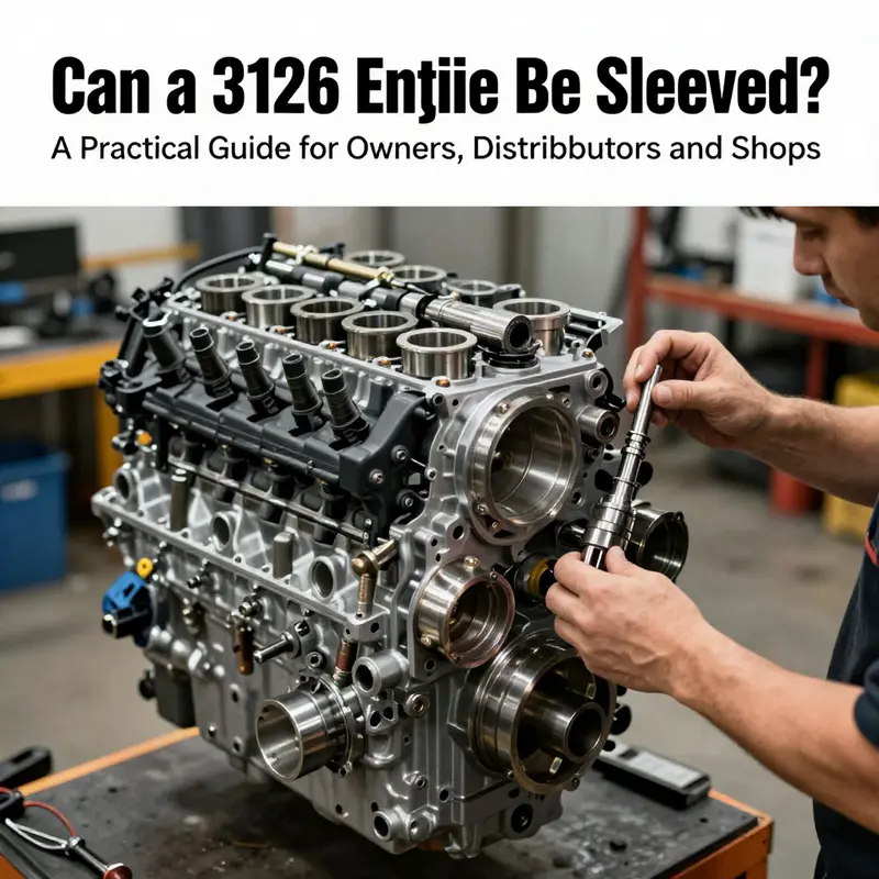 Cover image showing a CAT 3126 engine undergoing sleeving with precision tools and stainless injector sleeves in a professional shop.