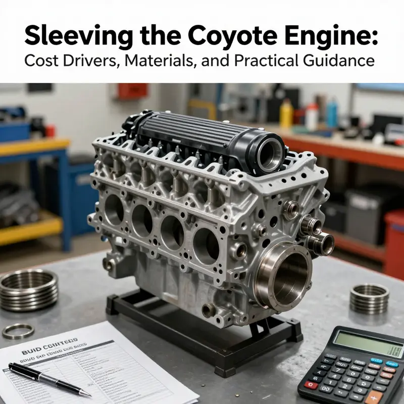 Professional engine sleeving scene with budgeting tools and a Coyote engine block
