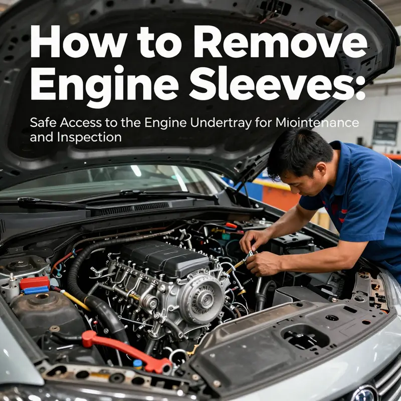 Photorealistic cover image showing a mechanic in a clean workshop with the engine bay exposed and the undertray removed.