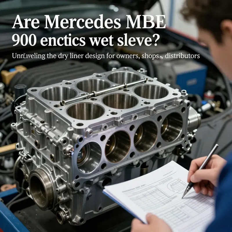 Detailed photo of a Mercedes MBE 900 engine block highlighting the dry liner arrangement.