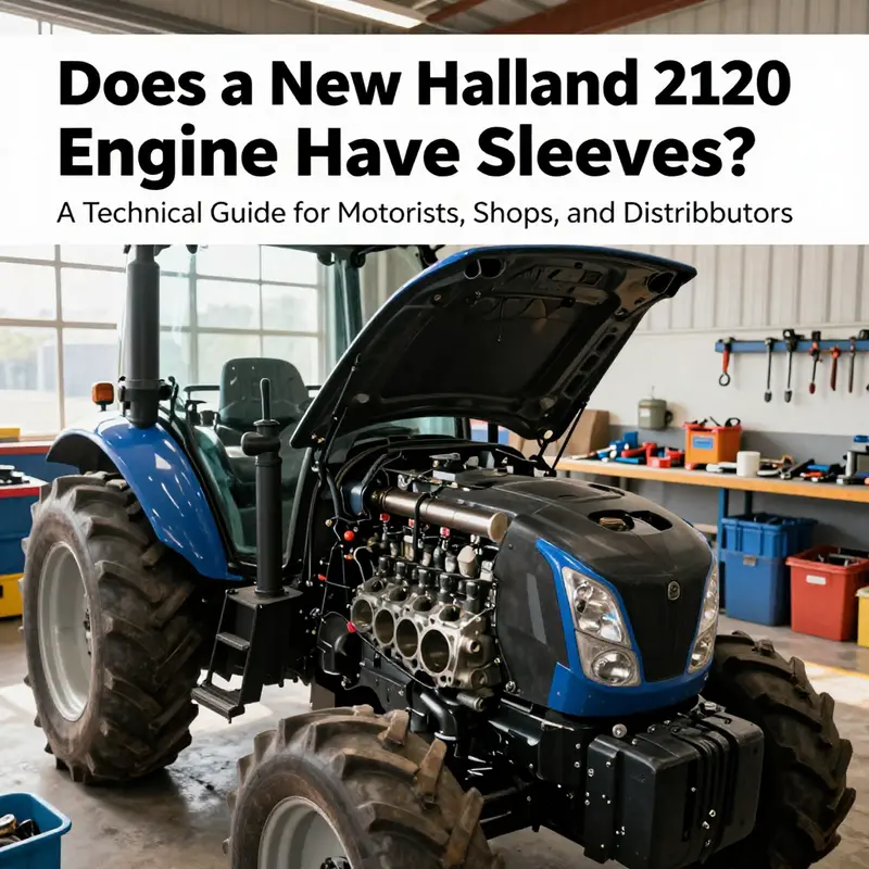 Front view of a New Holland 2120 tractor in a workshop with the engine exposed, highlighting cylinder sleeves.