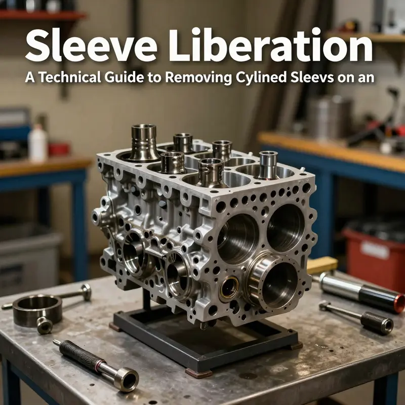 Engine block on a stand with tools and removed sleeves, illustrating the sleeve-removal process.