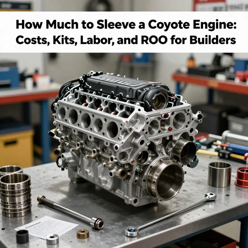 Photo-realistic cover image of a 5.0L Coyote engine block on a workbench with sleeves and precision tools.
