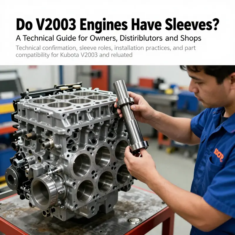 Cover image depicting sleeve installation in a Kubota V2003 engine block in a workshop setting.
