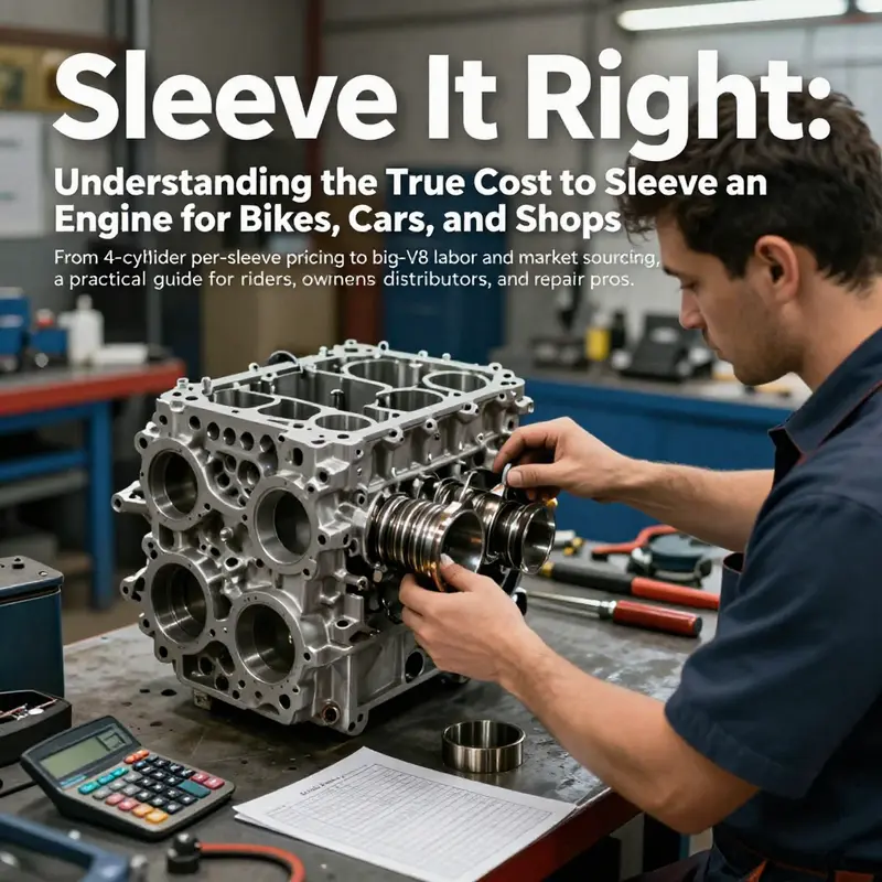 Photorealistic cover image of a mechanic evaluating engine sleeve costs in a shop setting.