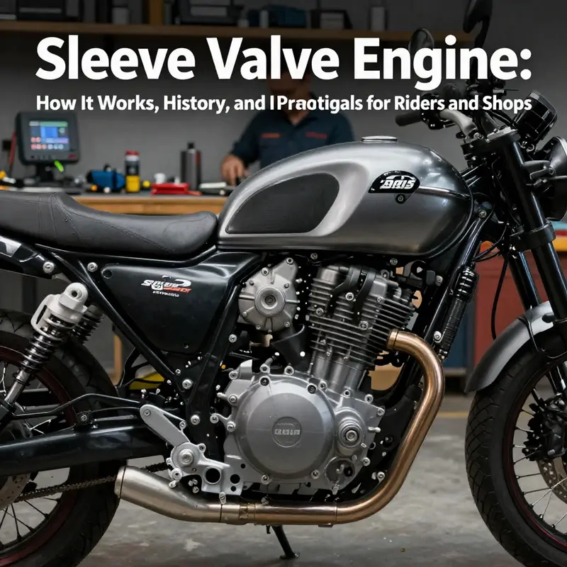 Cover image depicting a sleeve valve engine cutaway inside a motorcycle engine, emphasizing the sliding sleeve and port timing.
