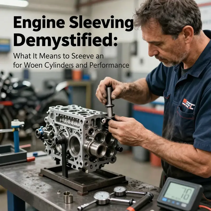 Mechanic performing cylinder sleeving with precision tools in a well-lit workshop.