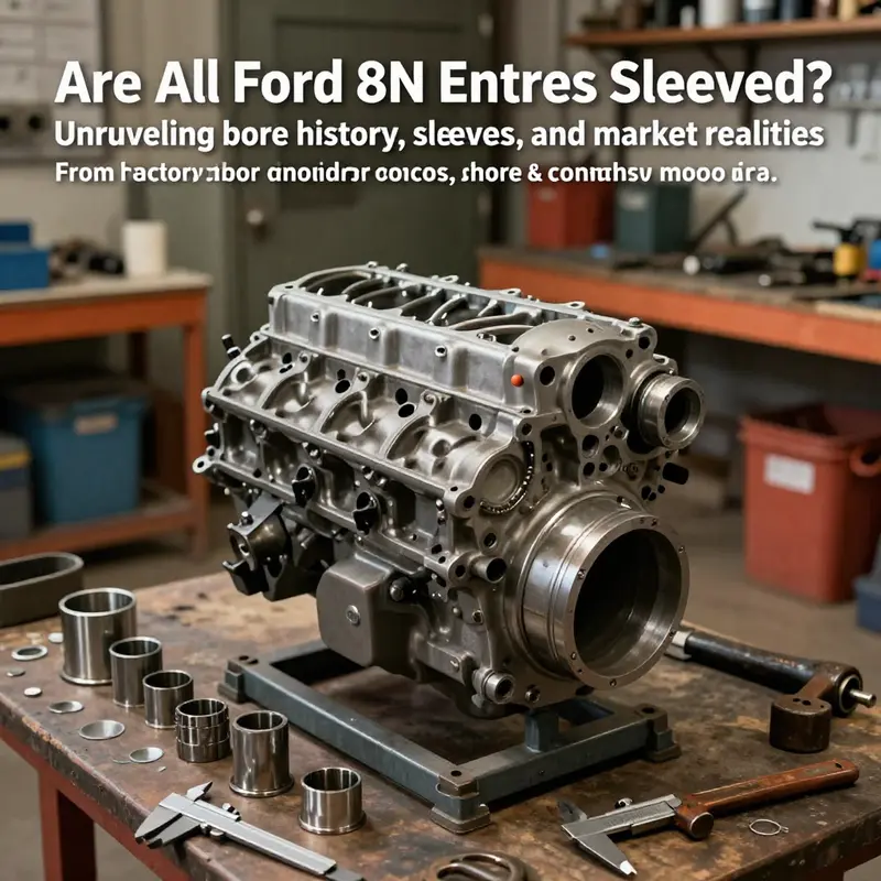 Photorealistic cover image of a Ford 8N engine block with a sleeves kit on a workbench in a workshop.