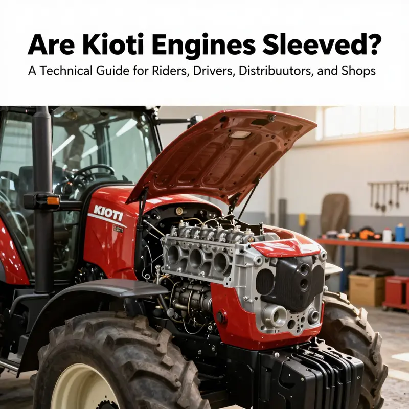 Cover image of a KIOTI diesel engine with visible cylinder sleeves inside a tractor engine bay.