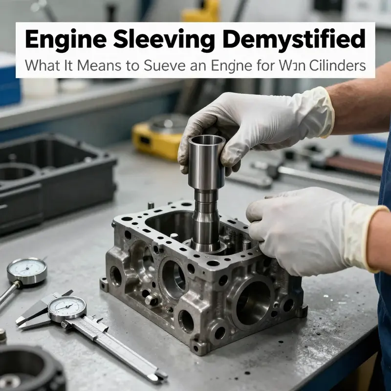 Illustrates the repair scenario where worn bores receive cylinder sleeves and re-boring steps to restore diameter and roundness.