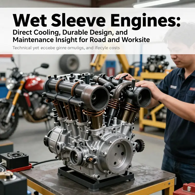Cover image of a wet sleeve engine in a workshop with visible coolant jackets and technicians examining the assembly.