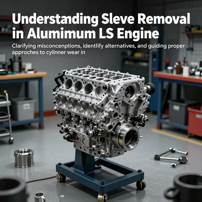 Workshop scene with aluminum LS engine block mounted on engine stand surrounded by performance tools.
