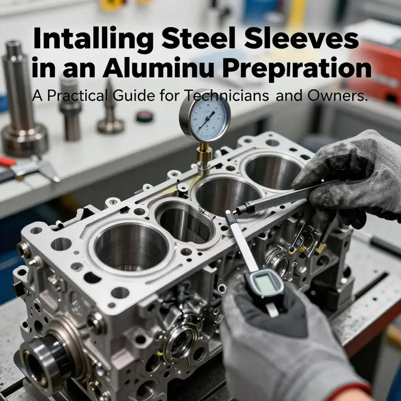 Measuring and preparing an aluminum engine block before sleeve installation, including bore gauging and fixture setup.