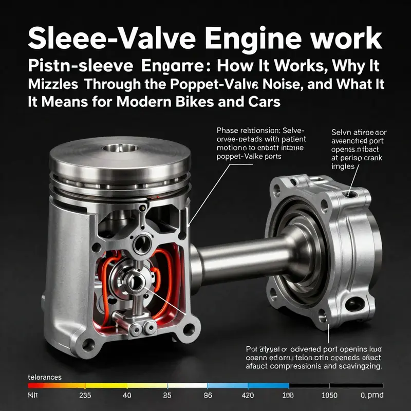 Cross-section view illustrating a sleeve-valve engine’s sliding sleeve with port openings that align with cylinder head ports during the cycle.