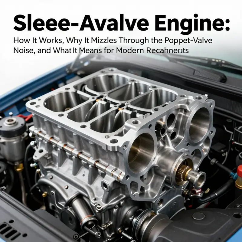 Cross-section view illustrating a sleeve-valve engine’s sliding sleeve with port openings that align with cylinder head ports during the cycle.