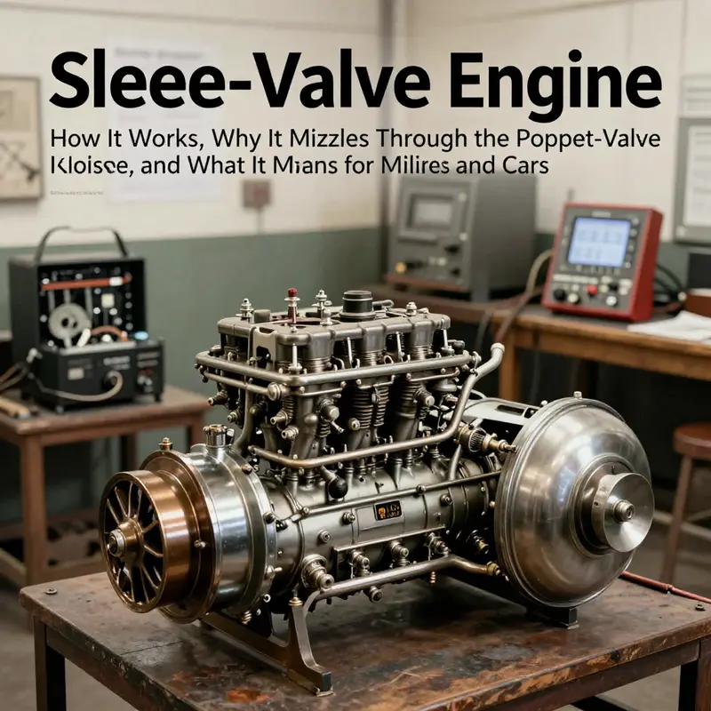 Cross-section view illustrating a sleeve-valve engine’s sliding sleeve with port openings that align with cylinder head ports during the cycle.