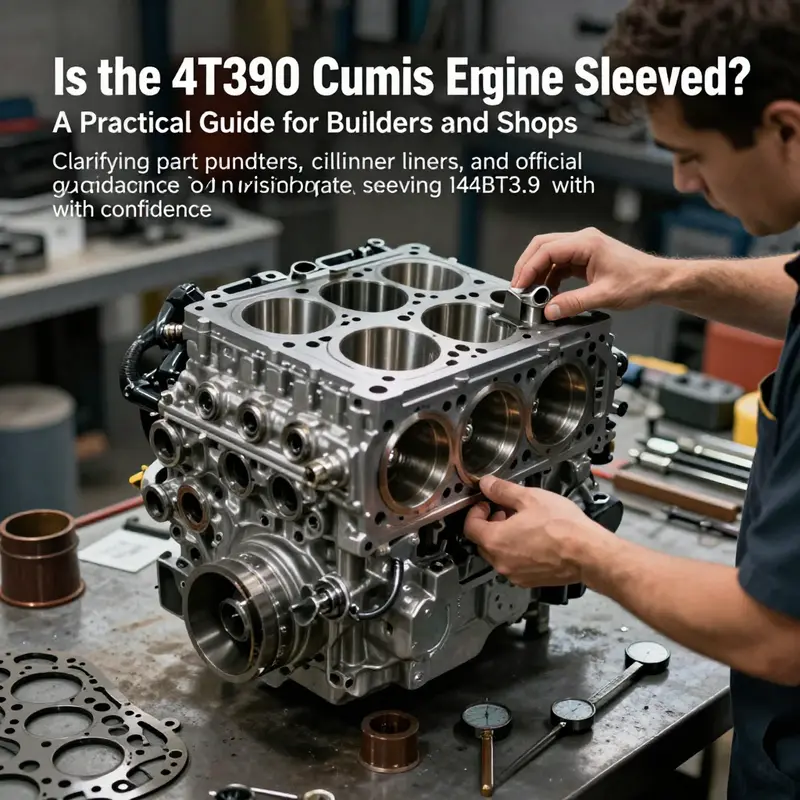 Photo-realistic cover image of a disassembled Cummins 4BT3.9 engine showing sleeved cylinders, gasket kit parts, and precision measurement tools.
