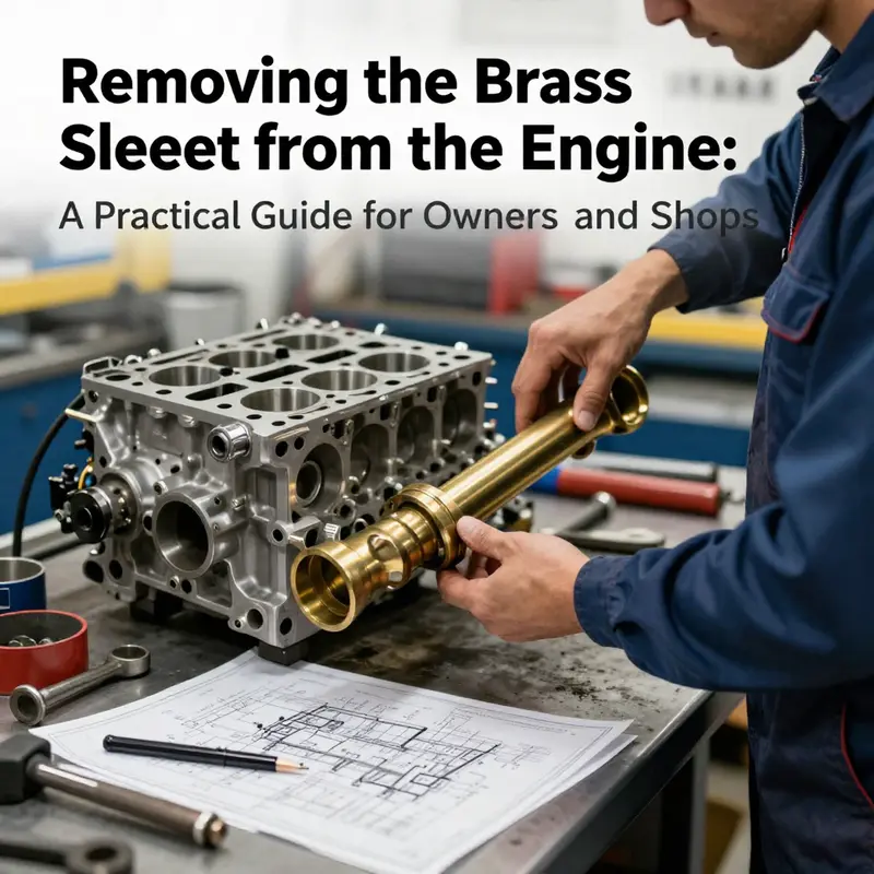 Technician removing a brass sleeve from an engine block in a professional workshop setting.