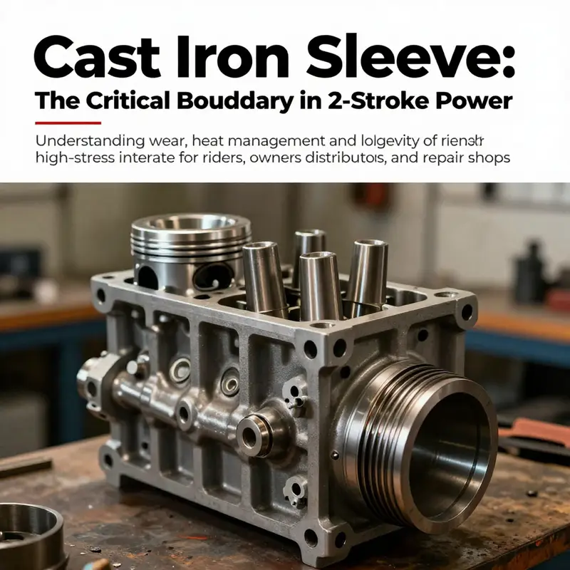 Photo-realistic cover image showing a cast iron cylinder sleeve inside a two-stroke engine block with piston rings visible.