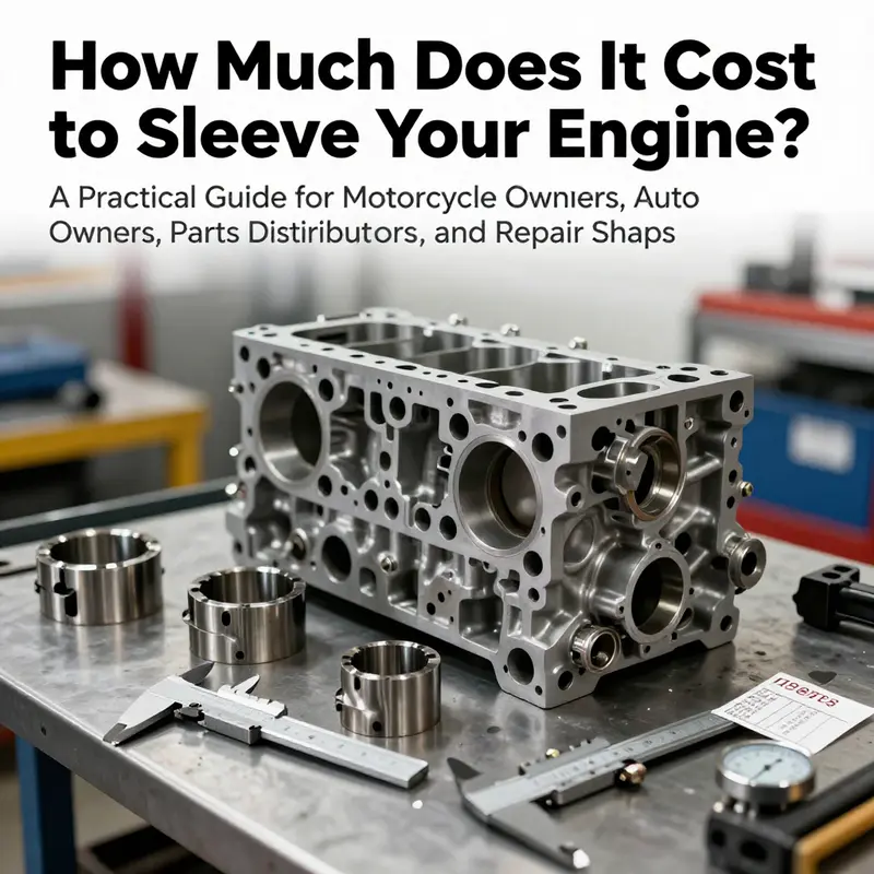 Close-up of an engine block, new sleeves, measurement tools, and a price tag illustrating sleeving costs.