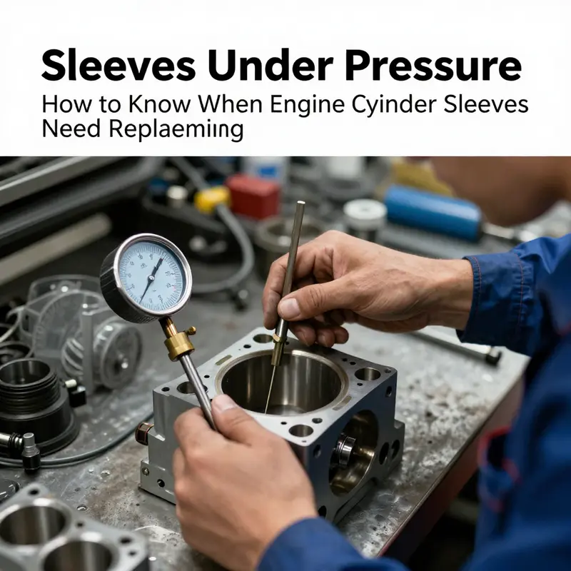 Close-up of an engine cylinder and sleeve with gauges in a professional workshop.