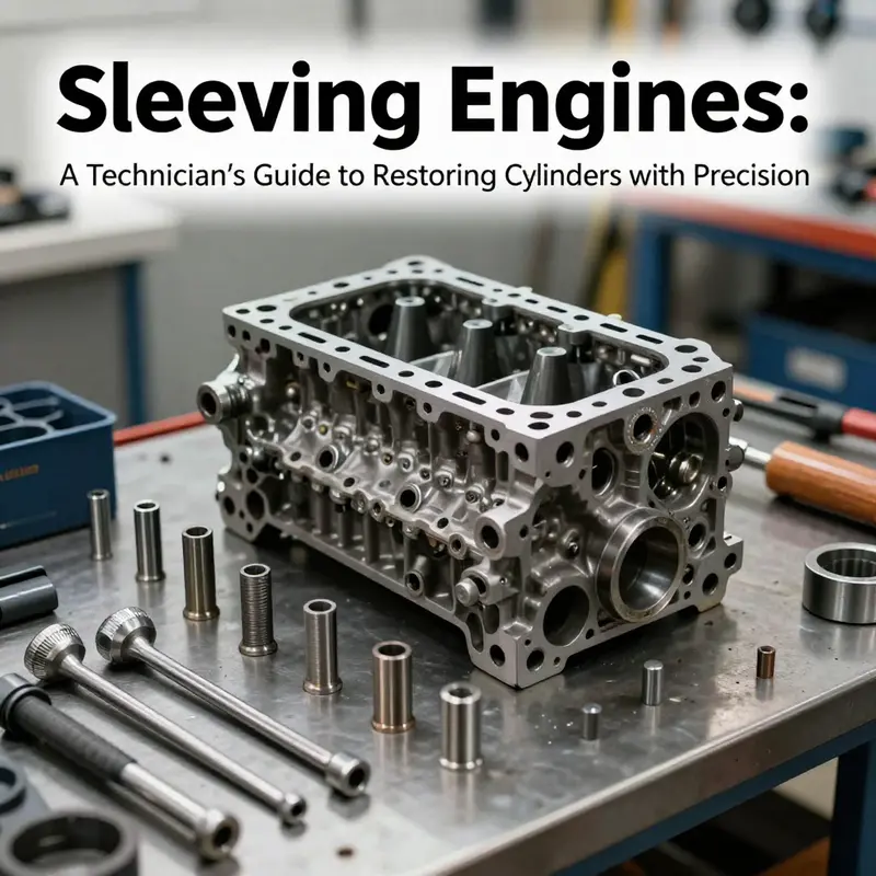 Photo-realistic cover image of a mechanic’s workspace with an engine block and sleeves ready for sleeving.