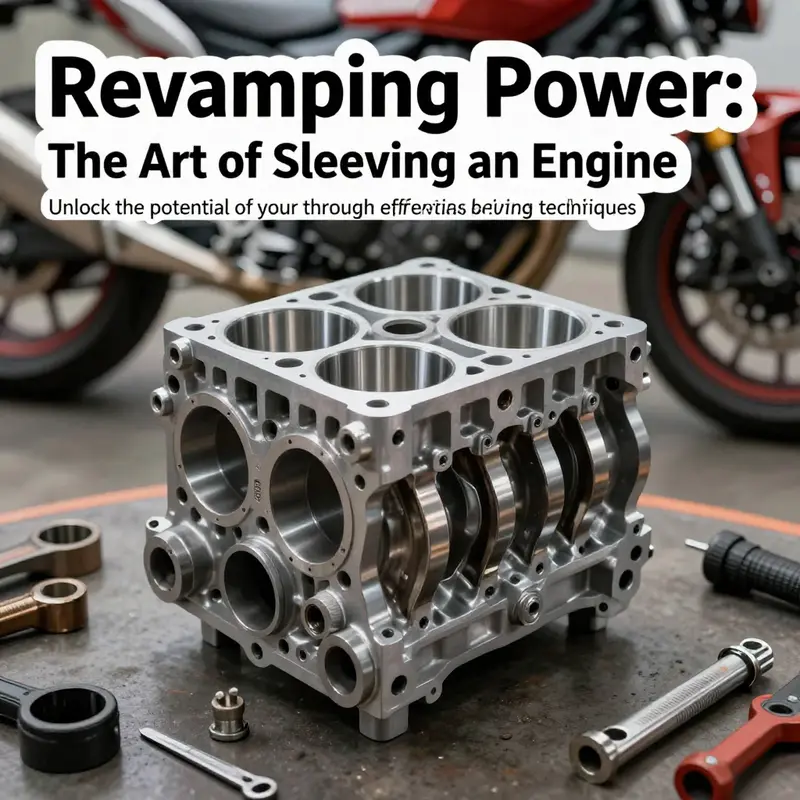 Photo-realistic image of an engine block with a newly installed sleeve, set in a workshop environment.