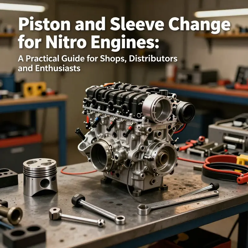 Cover image showing a nitro engine on a bench with tools and a piston-sleeve kit in a clean, organized workshop.