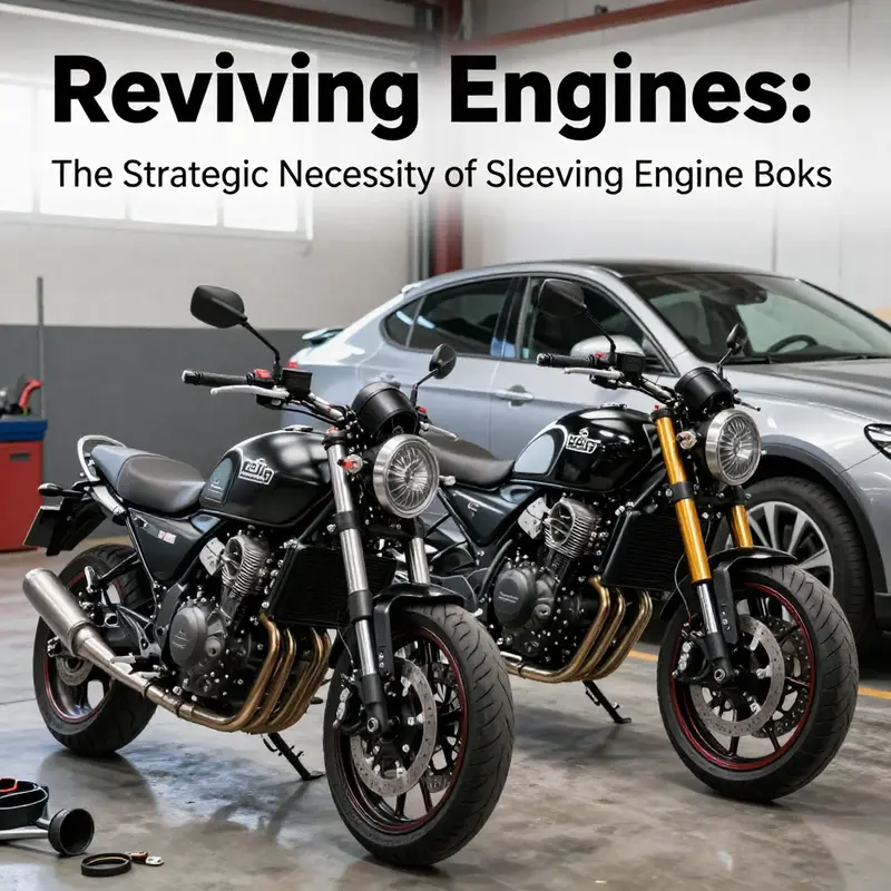 An open garage featuring a motorcycle and a car, both highlighting their engines with cylinder sleeves, emphasizing engine enhancement.