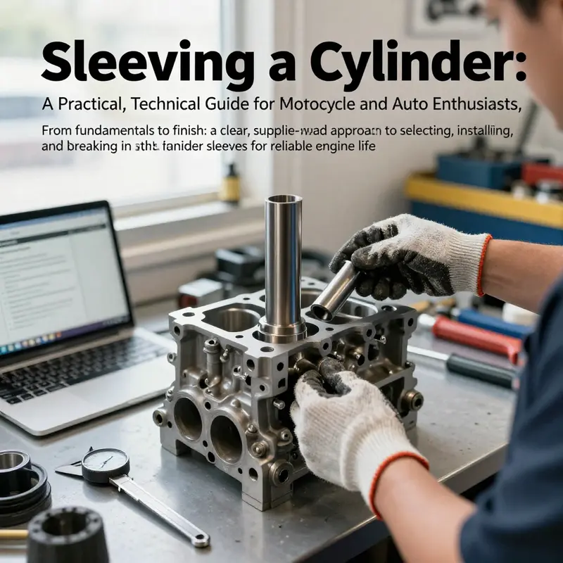 Mechanic installing a cylinder sleeve into an engine block in a professional workshop.