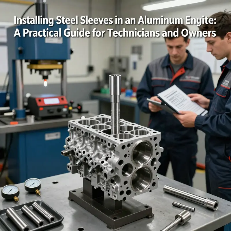 Aluminum engine block with a steel sleeve partially inserted, surrounded by precision tools, a hydraulic press, and technicians referencing blueprints.