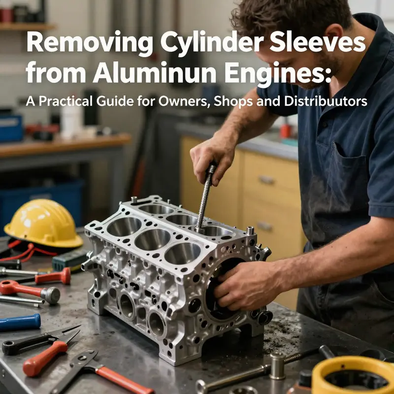 Mechanic demonstrates dry liner removal on an aluminum engine block using a puller in a professional workshop.