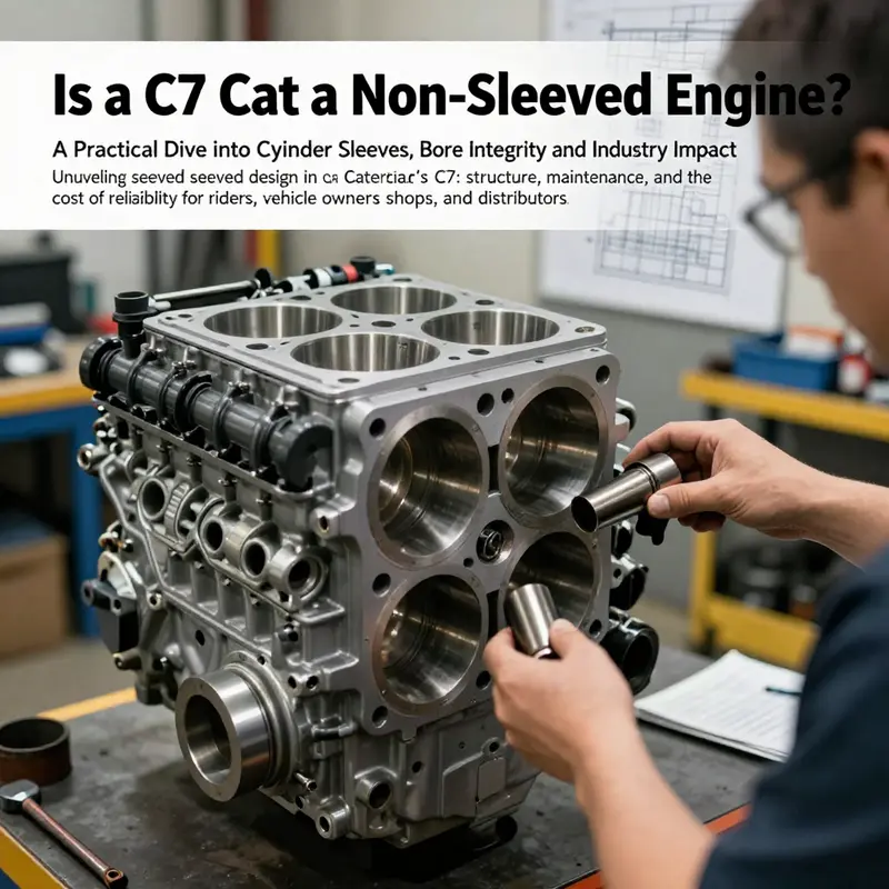 Photo-realistic cover image of a CAT C7 engine showing cylinder sleeves and a technician inspecting bore geometry.