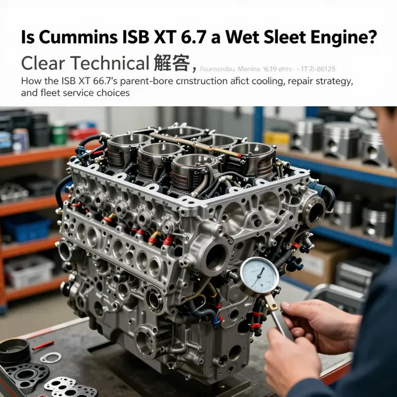 Photorealistic image of ISB 6.7 engine with cutaway showing cast-iron parent-bore cylinders, coolant passages, and a technician using a bore gauge.
