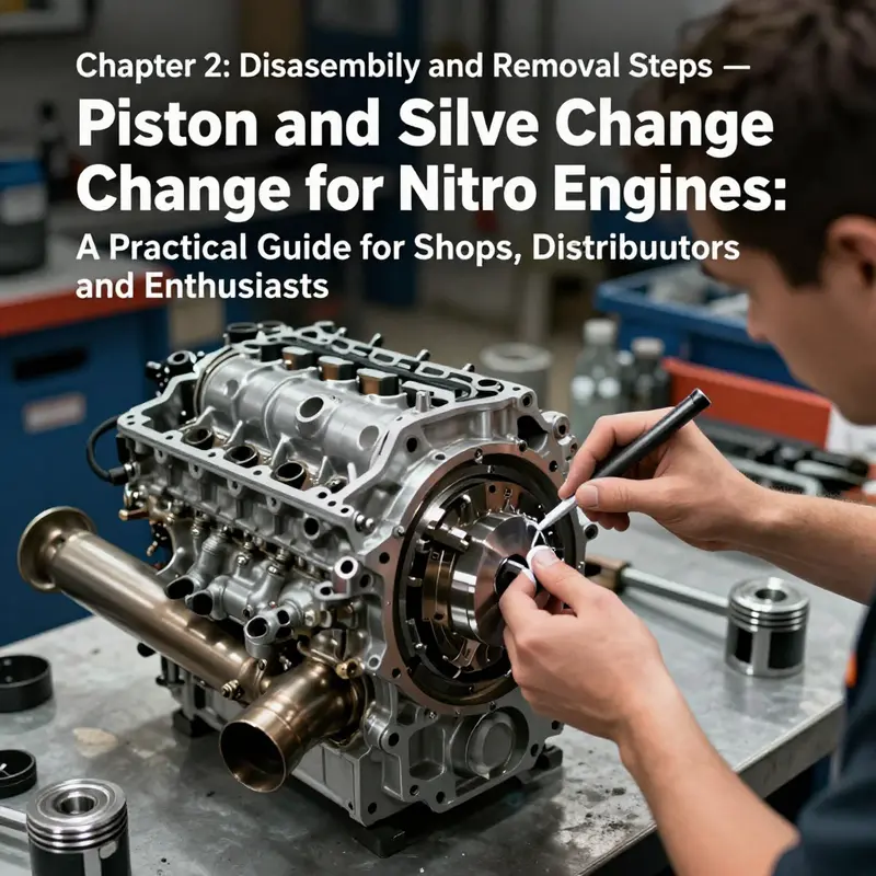 Safety-first setup for piston-sleeve replacement on a nitro engine, with tools and PPE ready.