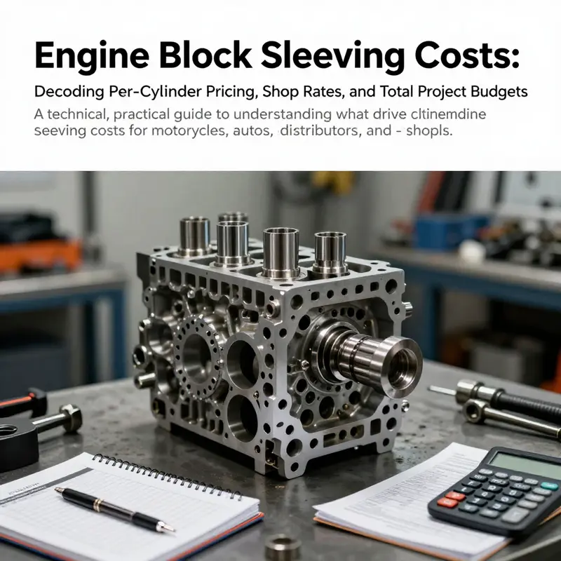 Machine shop scene featuring an engine block with sleeves and budgeting tools to convey cost considerations.