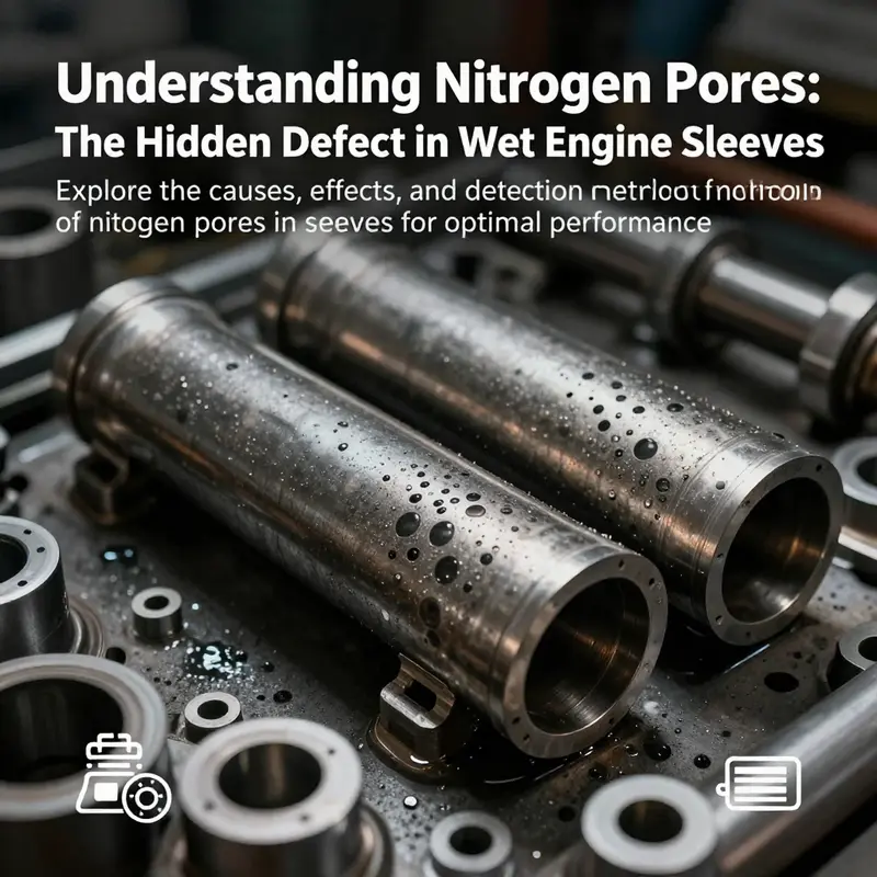 A technical representation of engine components, showing wet engine sleeves and highlighting nitrogen pores with graphical elements.