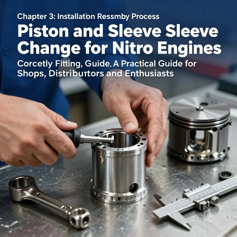 Safety-first setup for piston-sleeve replacement on a nitro engine, with tools and PPE ready.