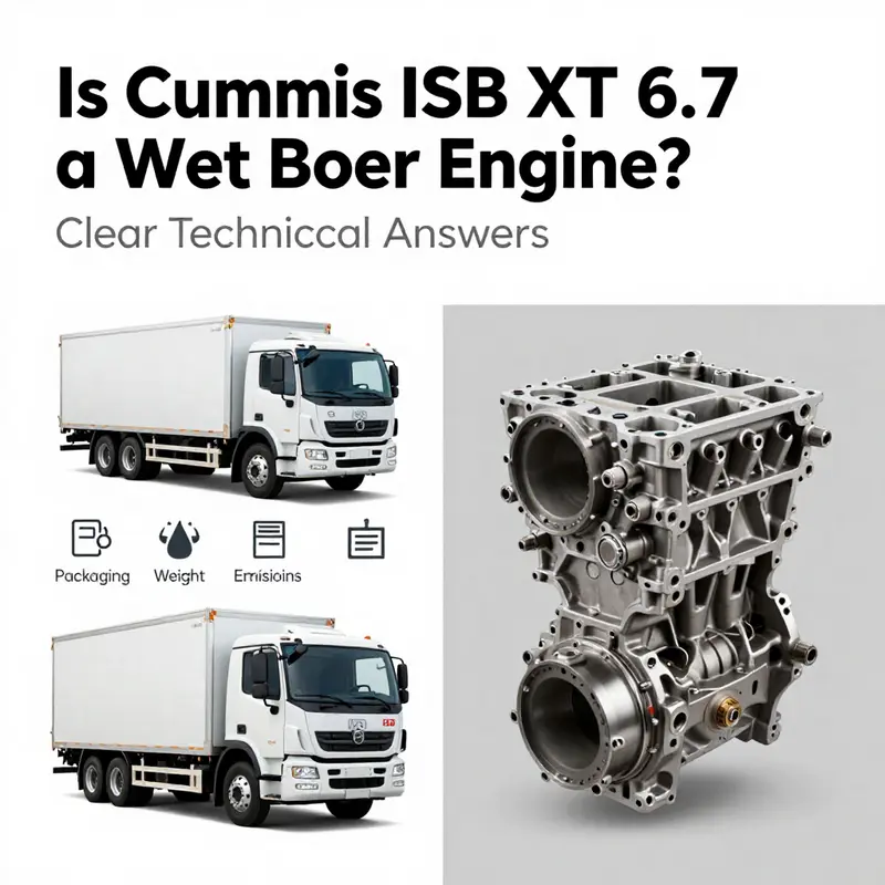 Cutaway view highlighting the ISB XT 6.7’s cast parent-bore cylinder walls and surrounding coolant passages versus a wet-sleeve inset.