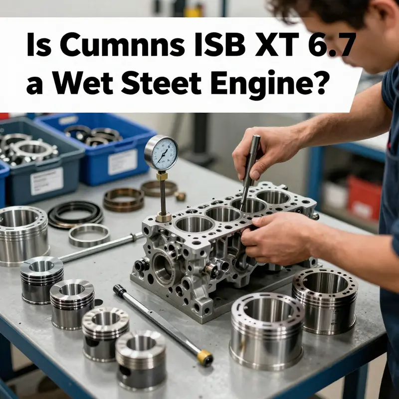 Cutaway view highlighting the ISB XT 6.7’s cast parent-bore cylinder walls and surrounding coolant passages versus a wet-sleeve inset.