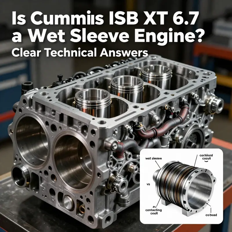 Cutaway view highlighting the ISB XT 6.7’s cast parent-bore cylinder walls and surrounding coolant passages versus a wet-sleeve inset.